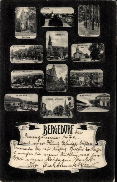 Postcard Hamburg Bergedorf, Church, Castle, Train Station, Große Straße