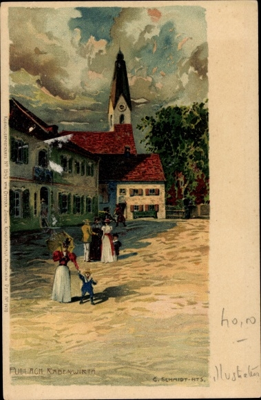 Artist Chromo-Litho Schmidt, C., Pullach, Rabenwirt, market, lady with child