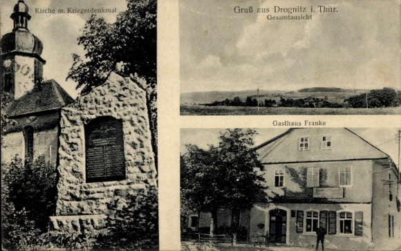 Postcard Drognitz in Thuringia, Gasthaus Franke, church, war memorial, general view