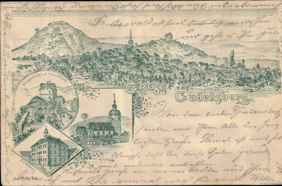 Chromo-Litho Gudensberg in Hesse, church, town hall, Wenigenburg, view of the town