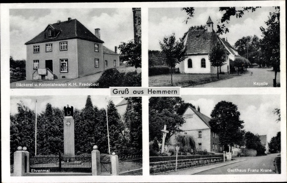 Postcard Hemmern Rüthen in Westphalia, Grocery store Fredebeul, chapel, inn Franz Krane