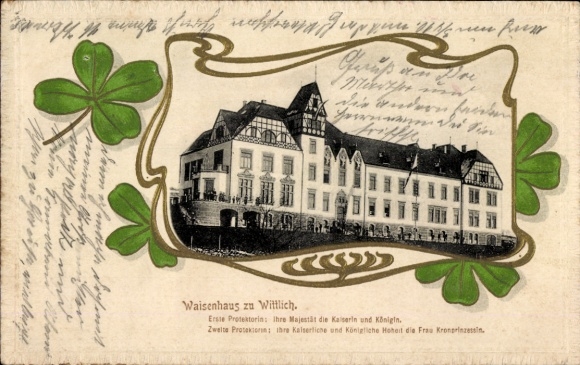 Embossed Passepartout Postcard Wittlich in Rhineland Palatinate, Orphanage, Cloverleaf