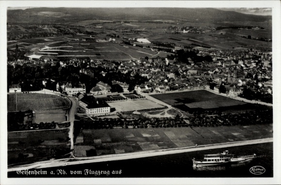 Postcard Geisenheim am Rhein Hesse, aerial photograph from airplane view, Rhine, ships