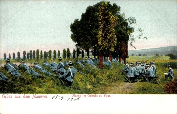 Postcard Greetings from the maneuver, Uhlans in combat on foot