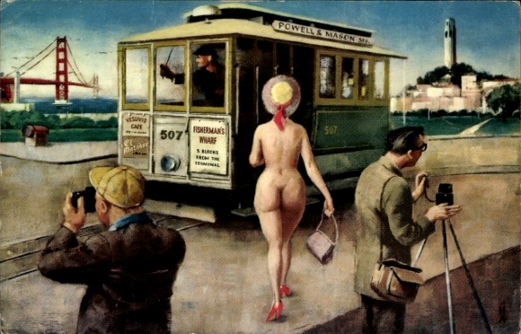 Postcard San Francisco, naked woman walking to the tram, erotic