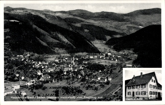 Postcard Hausen Raitbach Schopfheim in Baden, aerial photograph, Gasthaus zum Adler