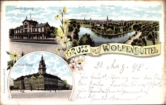 Chromo-Litho Wolfenbüttel in Lower Saxony, state train station, track side, castle, view of the town