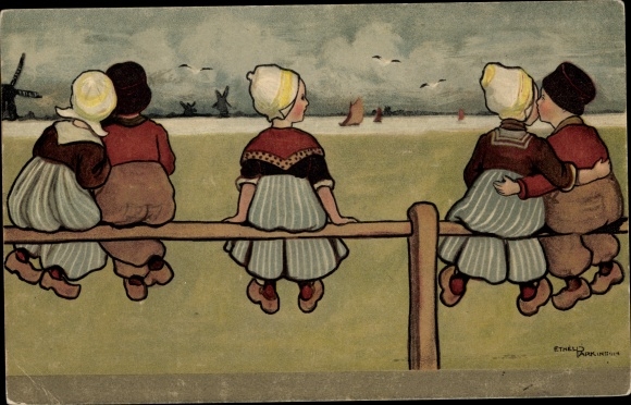 Künstler Ak Parkinson, E., Liebespaare und einsames Mädchen, Niederländische Tracht