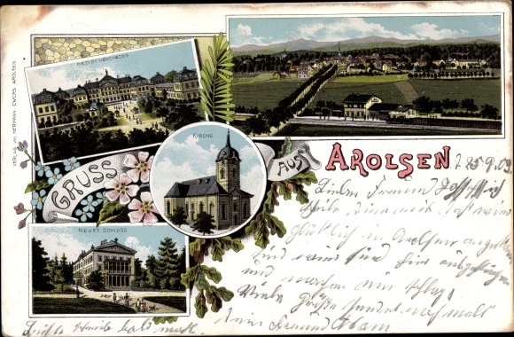 Chromo-Litho Bad Arolsen in Hesse, church, view of the town, castle