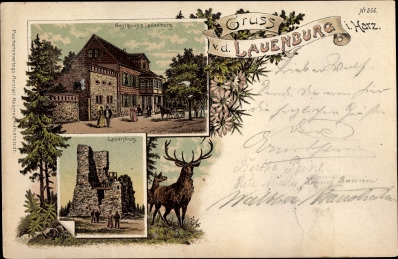 Chromo-Litho Stecklenberg Thale im Harz, Inn zur Lauenburg, keep, deer