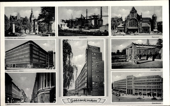 Ak Gelsenkirchen, Stadtgarten, Bahnhof, Sparkasse, Rathaus, Hans Sachs Haus, Hochöfen