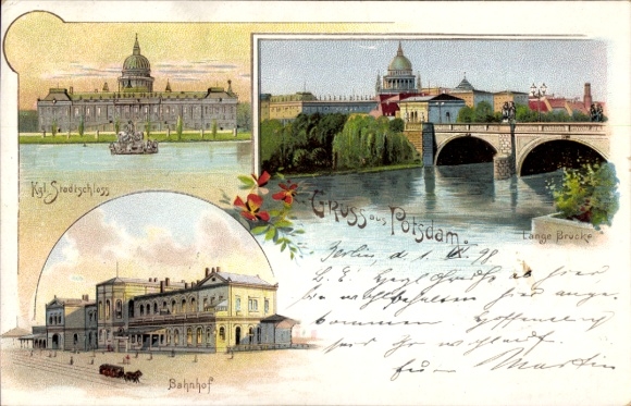 Litho Potsdam in Brandenburg, Königliches Stadtschloss, Lange Brücke, Bahnhof