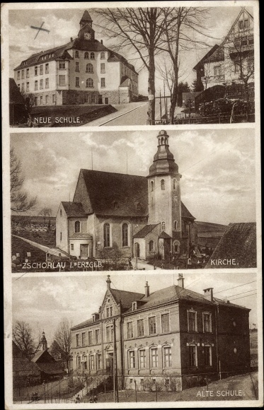 Postcard Zschorlau Erzgebirge, new and old school, church