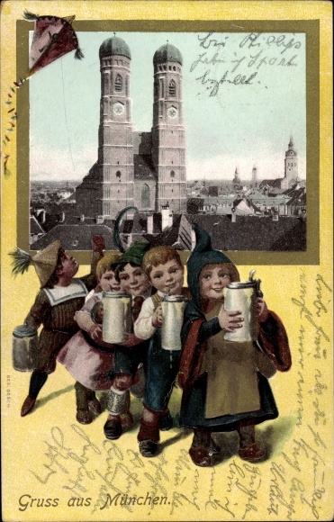 Präge Passepartout Ak München Bayern, Frauenkirche, Münchner Kindl, Bierkrüge