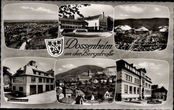 Postcard Dossenheim an der Bergstraße Baden, aerial photograph, fire station, town hall