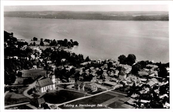 Postcard Tutzing on Lake Starnberg Upper Bavaria, aerial view of Lake Starnberg, church