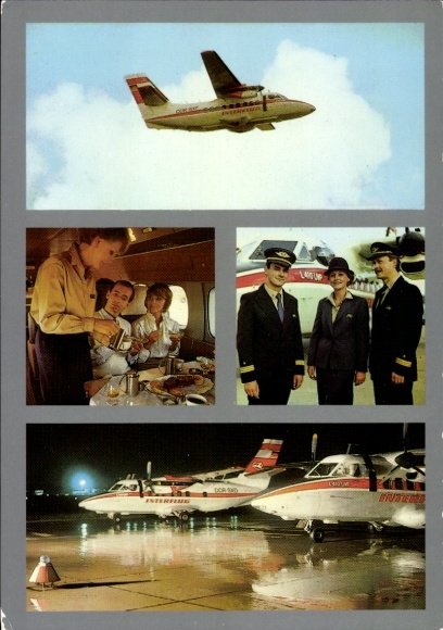 Postcard German passenger aircraft, Interflug, pilots, stewardess