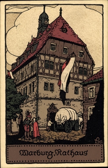 Lithography PC Warburg in Westphalia, town hall