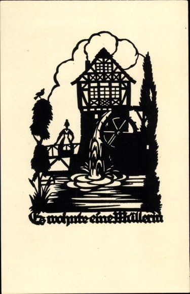 Artist silhouette Postcard Schwindt, AM, A miller lived, water mill