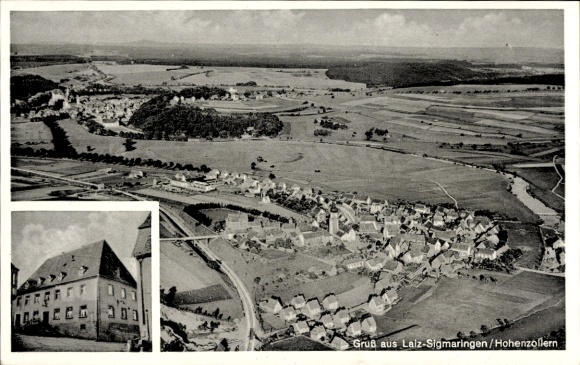 Ak Laiz Sigmaringen an der Donau, Fliegeraufnahme, Gasthof zum Adler, Inh. A. Blender