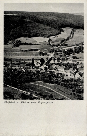 Postcard Weißbach in the Hohenlohekreis Württemberg, aerial view of Weißbach, hilly landscape, Gastha