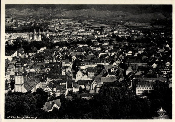 Postcard Offenburg in the Black Forest Ortenaukreis, town, church tower, aerial photograph