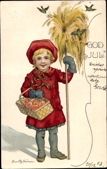 Artist Chromo-Litho Lindberg, Lisa, Happy Christmas, girl in red coat with basket