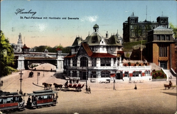 Postcard Hamburg St Pauli, ferry house with elevated railway and Seewarte, tram