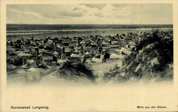 Postcard Nordseebad Langeoog East Frisia, North Sea resort, view from the dunes, beaches and beach chairs