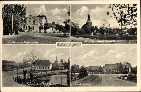 Postcard Tüchen Groß Pankow Prignitz, inn Nagorsny, school, village street, monument square