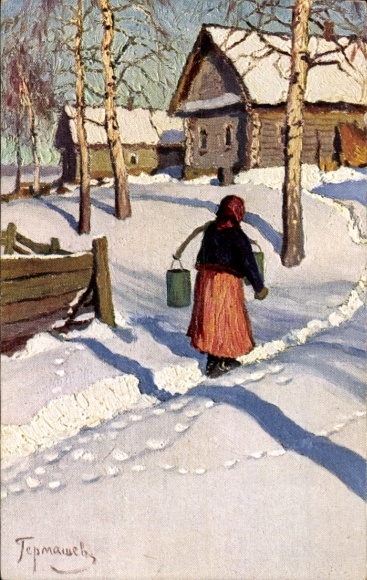 Artist Postcard Germaschew, M., On the way to the creek, On the way to the fountain