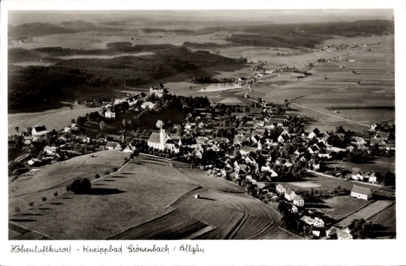 Postcard Bad Grönenbach in Allgäu, aerial photograph, mountain health resort, Kneipp bath, Allgäu, landscape