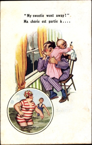 Postcard father with crying baby, mother is on vacation