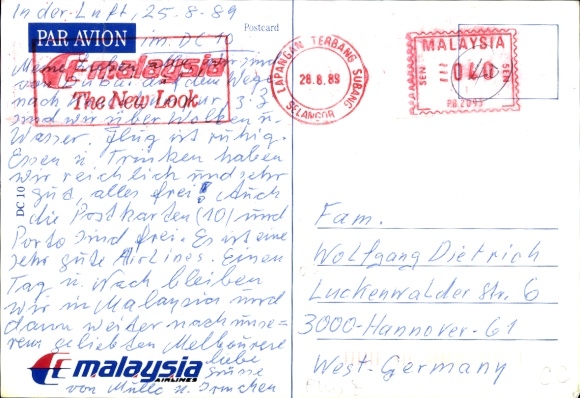 Postcard Boeing 737-400 of Malaysia Airlines, passenger aircraft