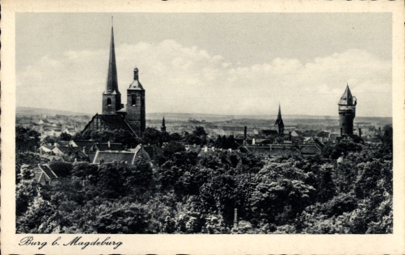 Postcard Burg near Magdeburg, partial view of the town, forest, towers