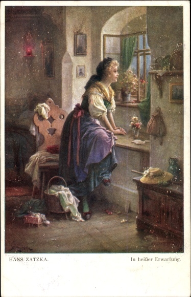 Kunstenaarskaart Zatzka, Hans, Vol spanning zit vrouw op de vensterbank