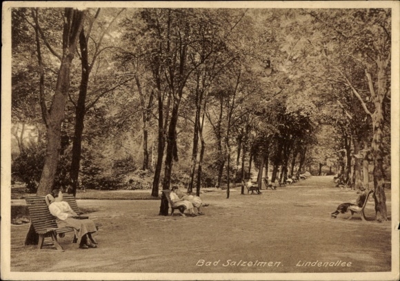 Postcard Bad Elmen Salzelmen Schönebeck on the Elbe, Lindenallee, benches, sunny day, trees, walks