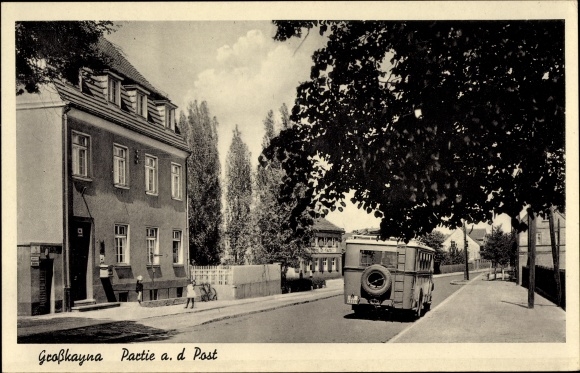 Ak Großkayna Braunsbedra Sachsen Anhalt, Partie an der Post, Bus