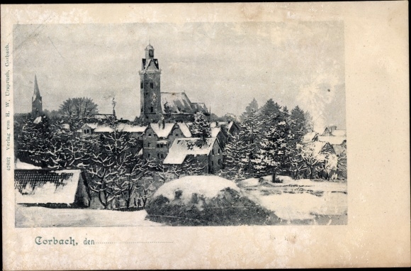 Postcard Korbach in Hessen, winter view, church