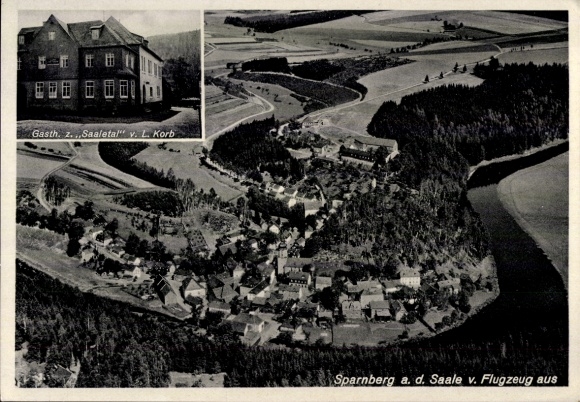 Postcard Sparnberg Hirschberg an der Saale, aerial photograph, guesthouse in the Saale valley