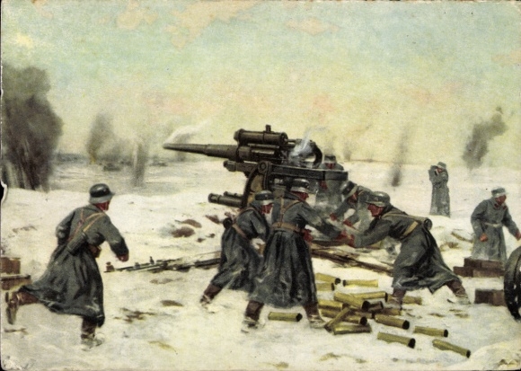 Künstler Ak Schnürpel, Deutsche Wehrmacht, Schwere Flak gegen russische Panzer, Ostfront, II. WK