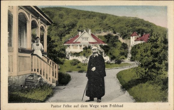 Ak Bad Sobernheim an der Nahe, Pastor Felke auf dem Wege vom Frühbad
