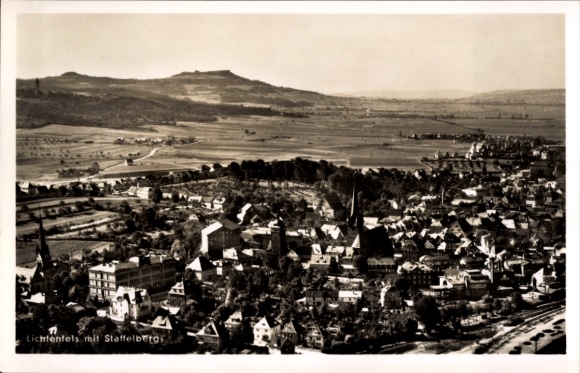 Postcard Lichtenfels in Hesse, view from above, cityscape, Staffelbeto, black and white, photo