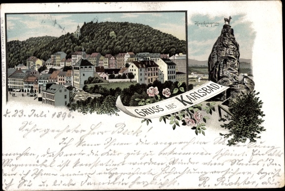 Litho Karlovy Vary Karlsbad Stadt, Panorama vom Ort, Hirschensprung