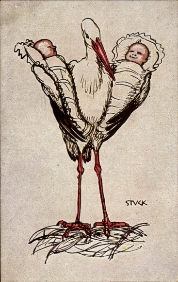 Artist AK Stuck, Birth, Stork brings two children, donation for infant and toddler protection