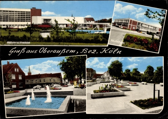 Postcard Oberaußem Bergheim an der Erft, indoor and outdoor pools, junior high school, fountain