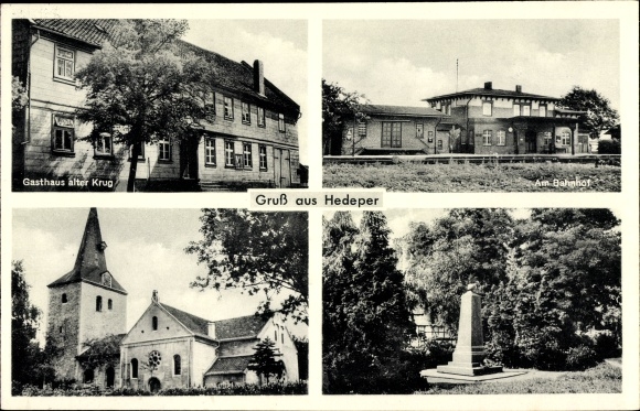 Ak Hedeper in Nedersaksen, herberg oude mok, treinstation, kerk, monument