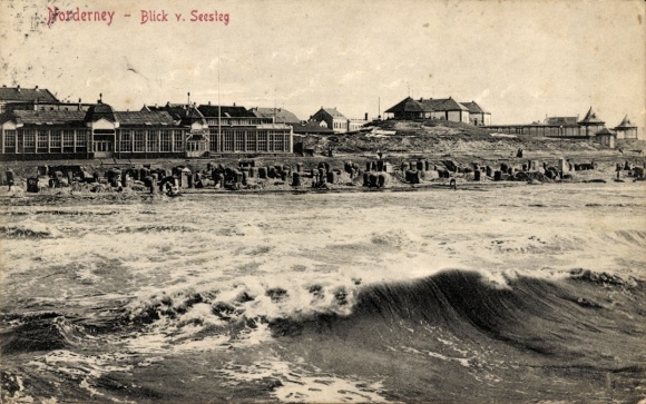 Postcard North Sea resort Norderney East Frisia, Forderney, view from the pier, waves, beach landscape, Ge