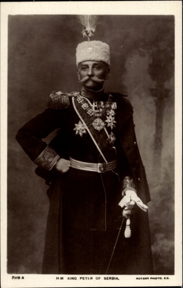 Postcard King Peter I of Serbia, standing portrait in uniform