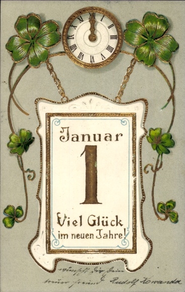 Glitter Postcard Good Luck in the New Year, calendar page, January 1st, clover leaves